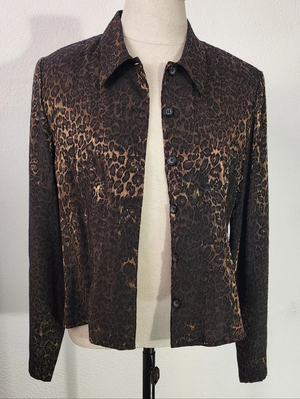 Sheri Martin Jacket Leopard Print Slit Back Button Down Vintage Brown Size 12P